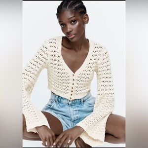 Zara open knit weave cardigan medium M med cream crochet beach